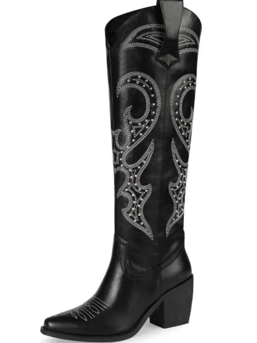 WETKISS  Black Knee High Cowboy Boots Size 8.5 Silver Embroidered Faux Leather